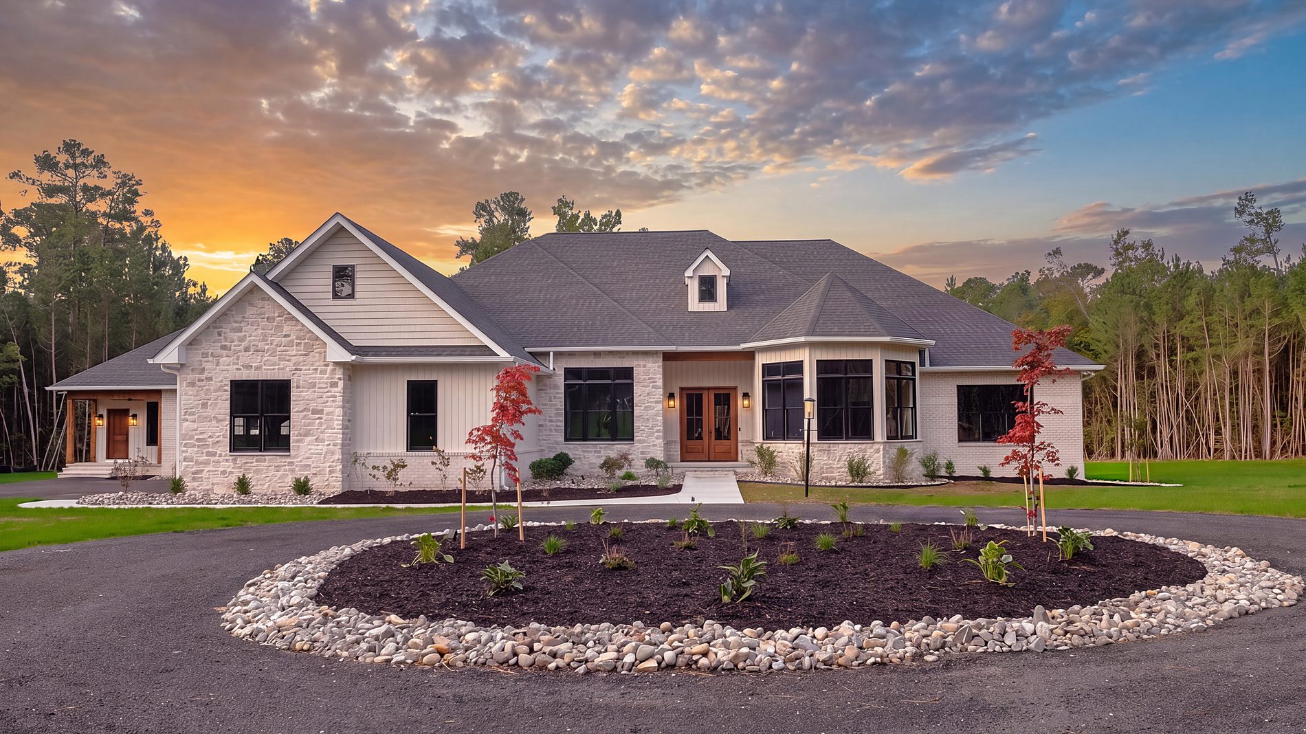 French Countryside custom home at sunset in Southern Maryland