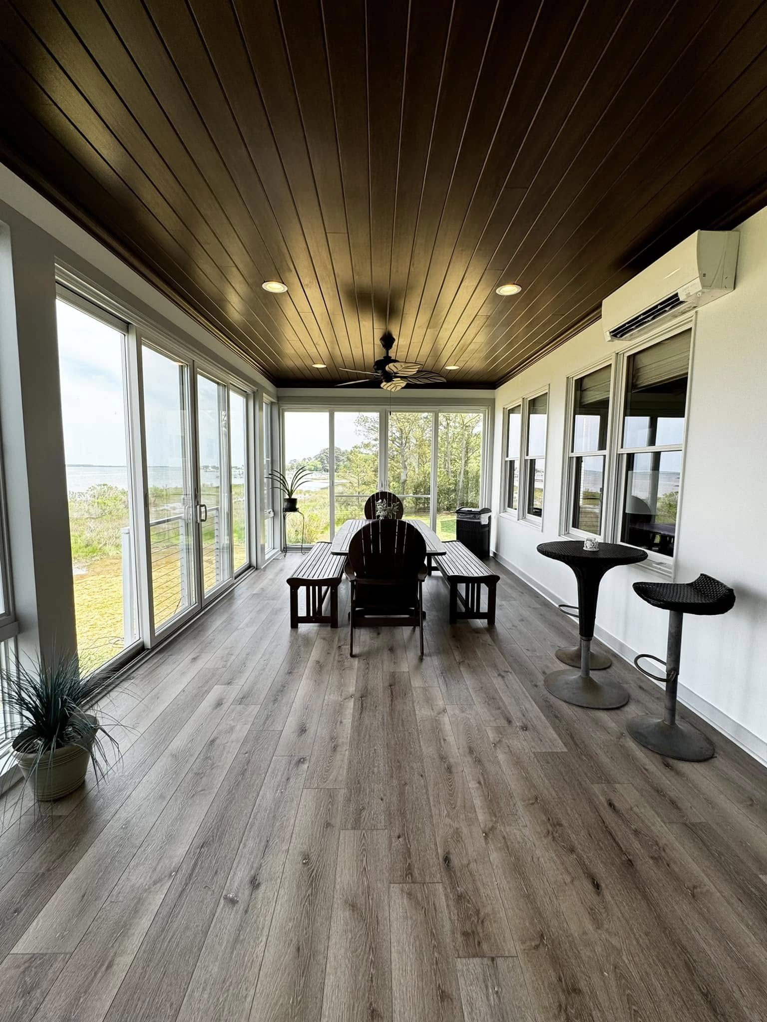 Wood ceiling and fireplace in the Shanty Point four-season room addition