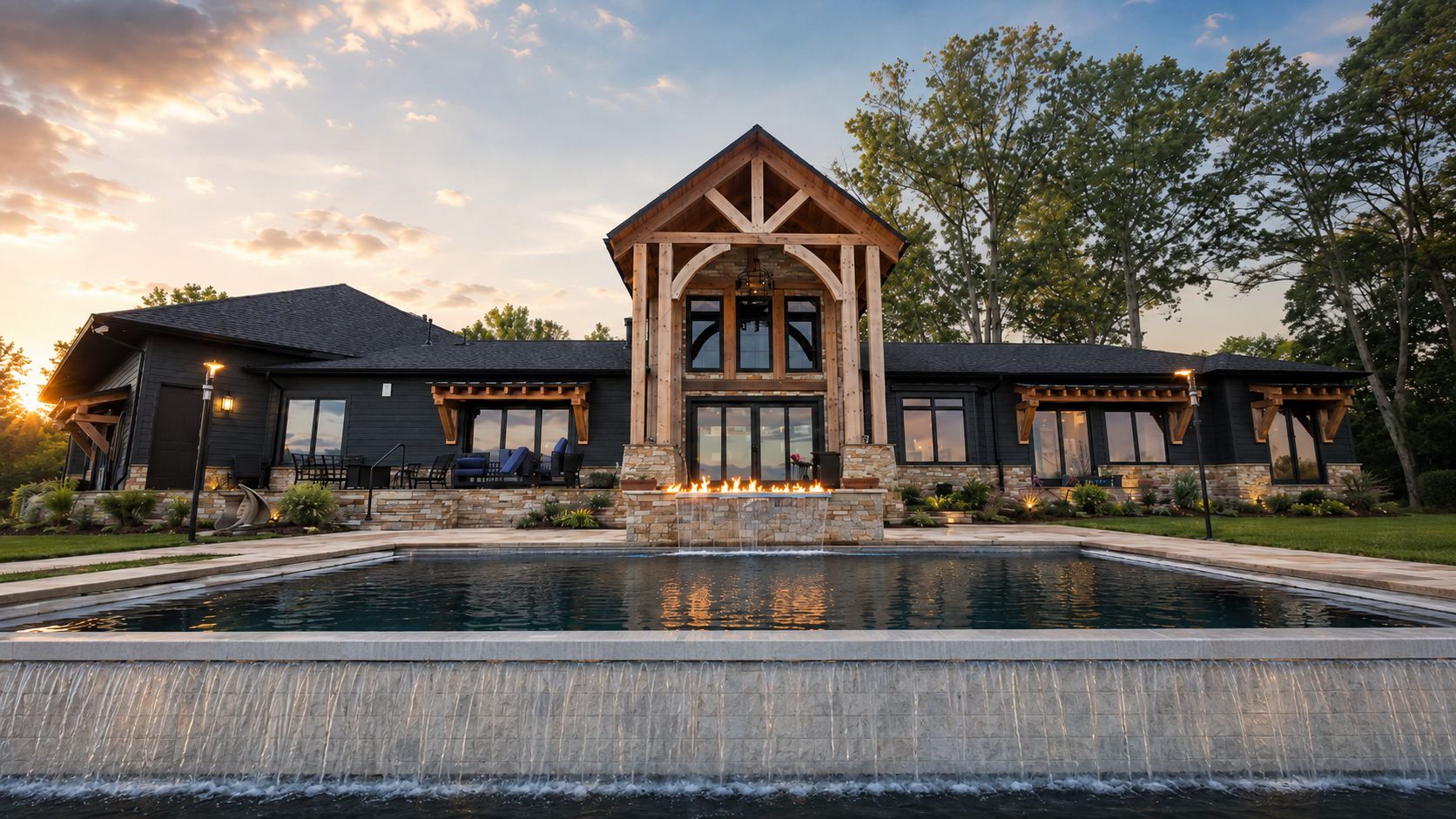 Timber River custom home pool and rear elevation at dusk