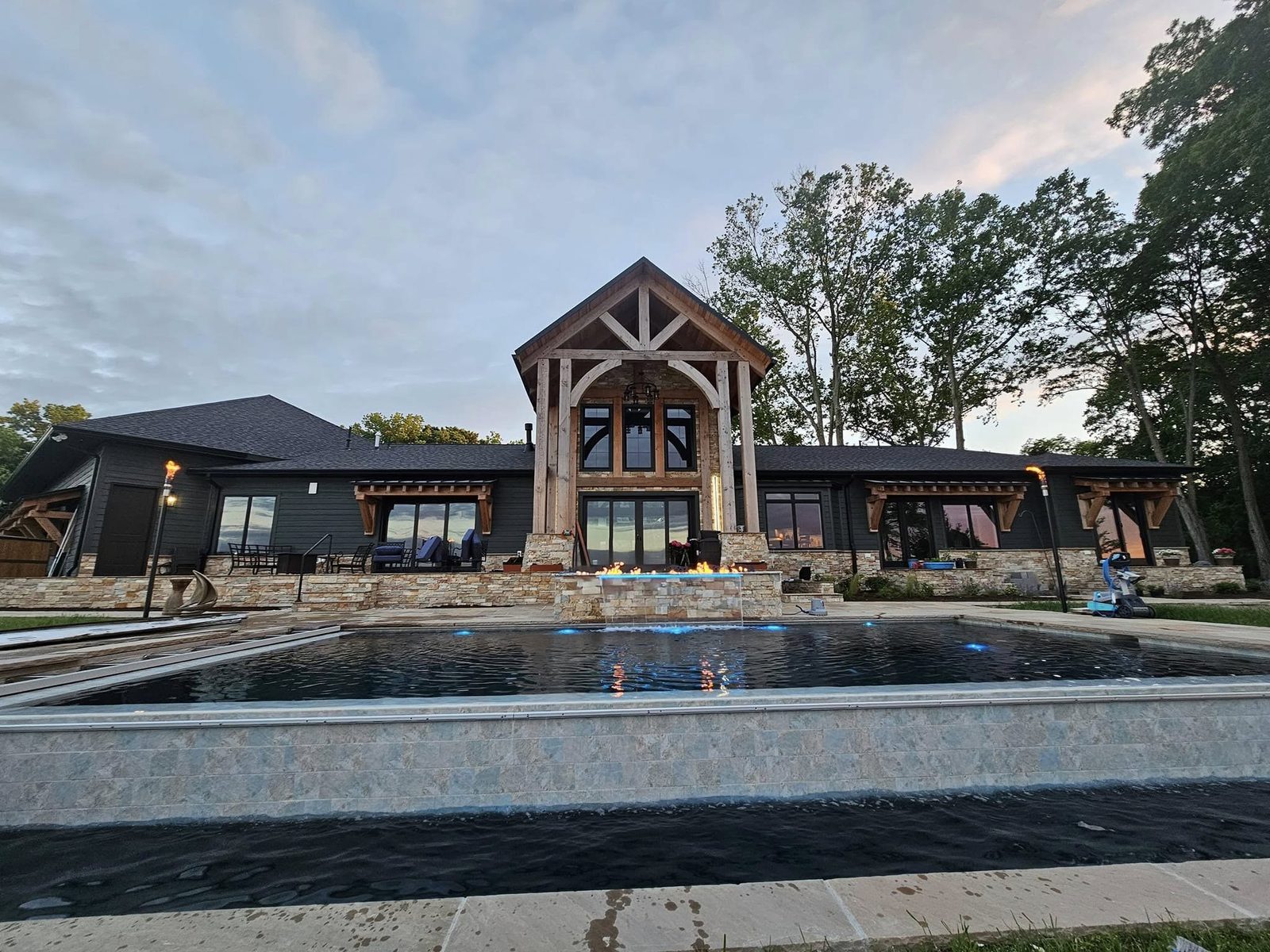 Timber River custom home rear elevation with pool, Southern Maryland